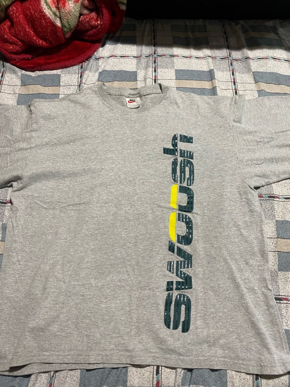 Vintage Nike T Shirt Spell Out Swoosh Gray Green Logo Tee Men’s Large 90s
